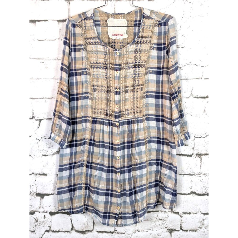 JOHNNY WAS 3J WORKSHOP Embroidered Plaid Tunic Boho Cottage Pumpkin Patch Small